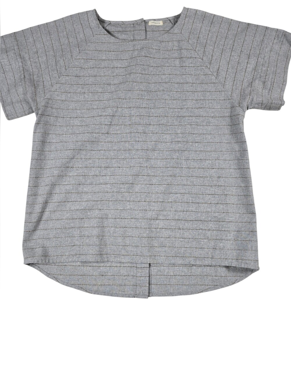 Utility Brand Linen Blend Button Back Short Sleeve Top Gray Striped Medium